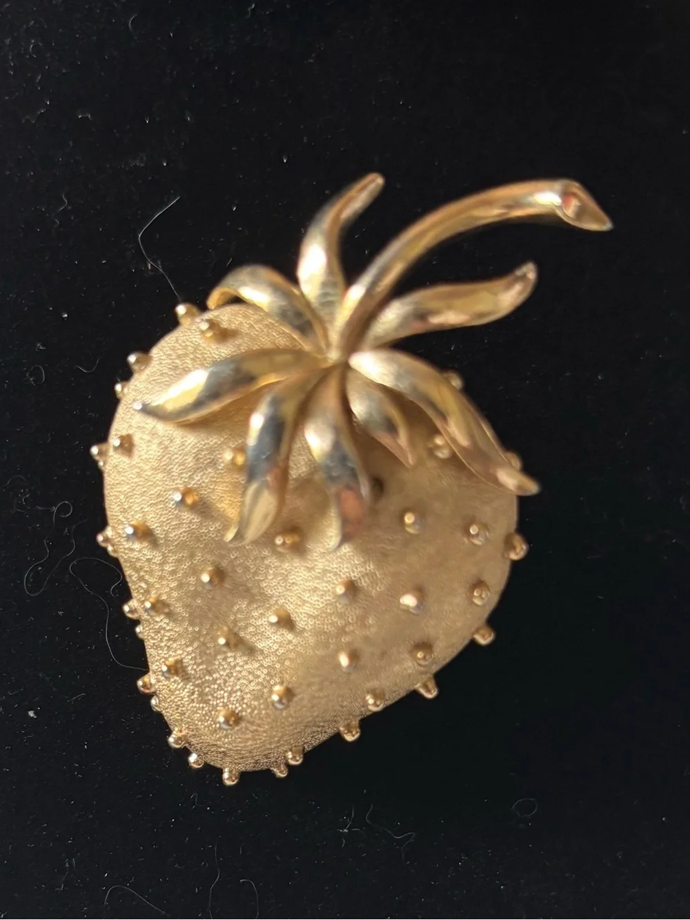 Vintage Signed Trifari Gold Tone Strawberry BroochTextured Satin Finish Fruit